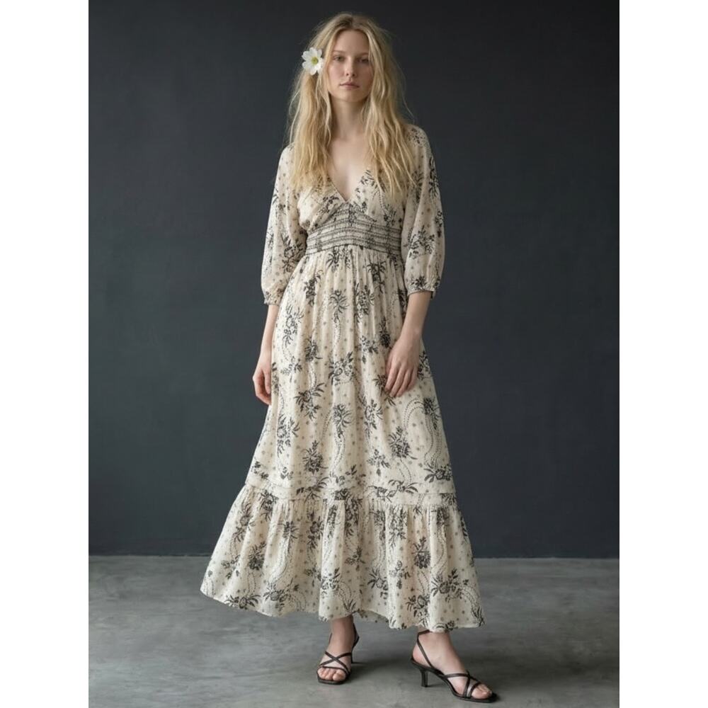 Free People Bohemian Billowy Ethereal Floral Golden Hour Maxi Dress Ivory Medium - Picture 3 of 12
